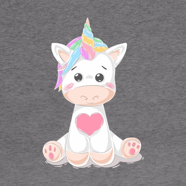 Cute Little Unicorn With Heart, Line Drawing White, Pink, Purple, Green & Yellow by Vegan Squad